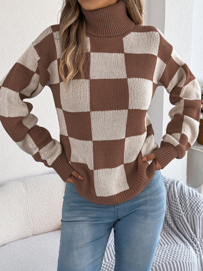 Autumn Winter Casual Turtleneck Color Contrast Check Lantern Long Sleeve Sweater Women Clothing