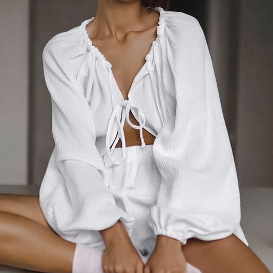 Autumn Loose Casual Cotton Pajamas Women Cardigan Long Sleeve Shorts Comfortable Homewear Can Be Worn outside