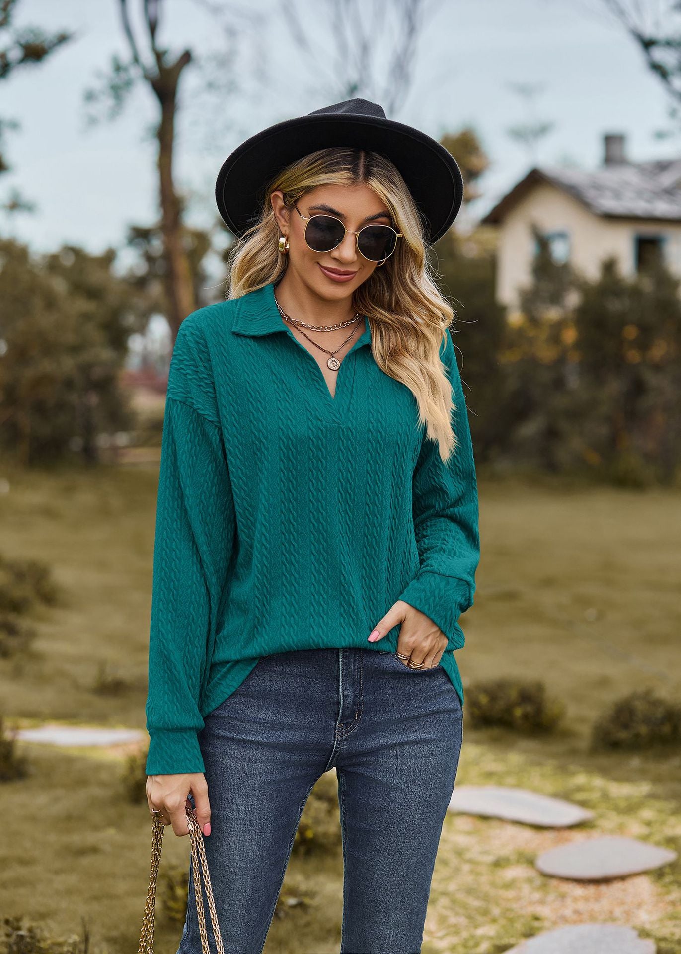 Autumn Winter Solid Color Polo Collar Loose Long Sleeve Sweatershirt Coat Women Jacket