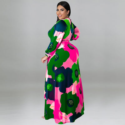 Plus Size Women Clothing Long Sleeve Dress Large Floral Printing Dress Long