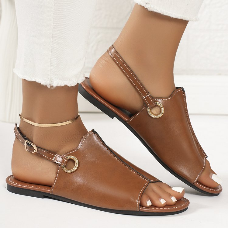 Flat Open Toe Buckle Sandals Women Metal Buckle One Line Fish Mouth Beach Slippers