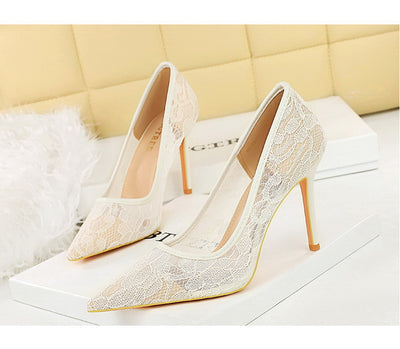Sexy Lace High Heeled Shoes Shallow Mouth Pointed Toe Skinny Night Club Mesh Stiletto High Heel Shoes
