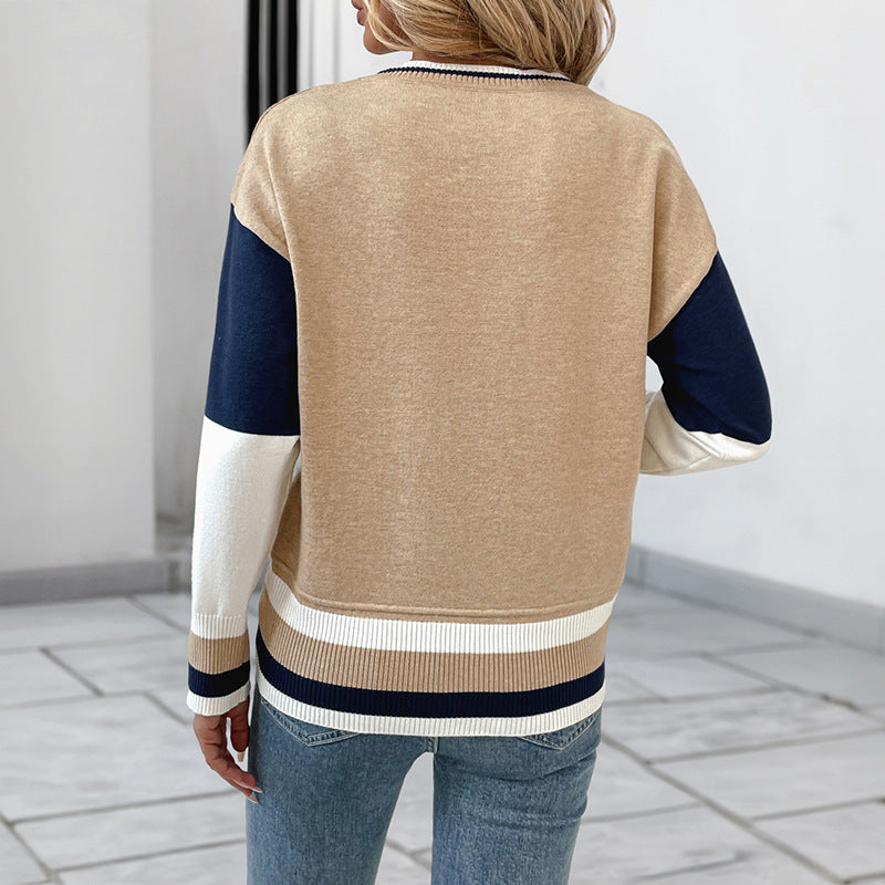 Pullover Top Autumn Winter Casual Women Clothing round Neck Stitching Contrast Color Knitwear