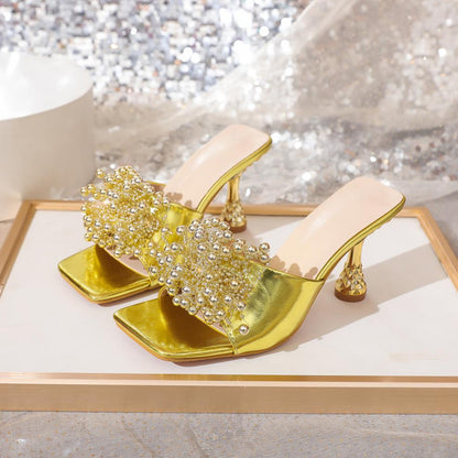 Sexy Bow Wine Glass Heel Electroplated Heel Square Toe High Heel Sandals