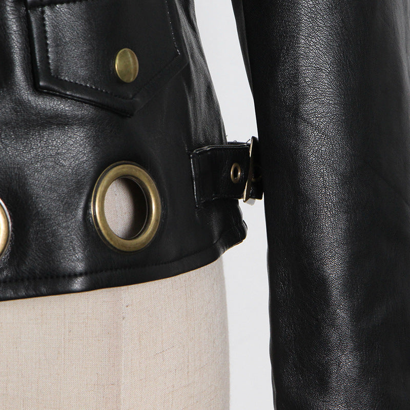 Locomotive Jacket Leather Coat Spring Polo Collar Eyelet Rivet Hollow Out Cutout Slim Jacket