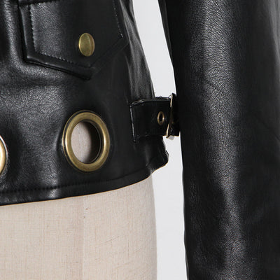 Locomotive Jacket Leather Coat Spring Polo Collar Eyelet Rivet Hollow Out Cutout Slim Jacket