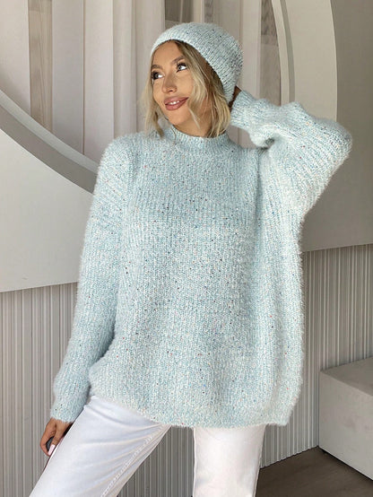 Women Clothing Knitted Half Turtleneck Sequined Knitted Pullover Soft Warm Loose Sweater Warm Autumn Winter Hat