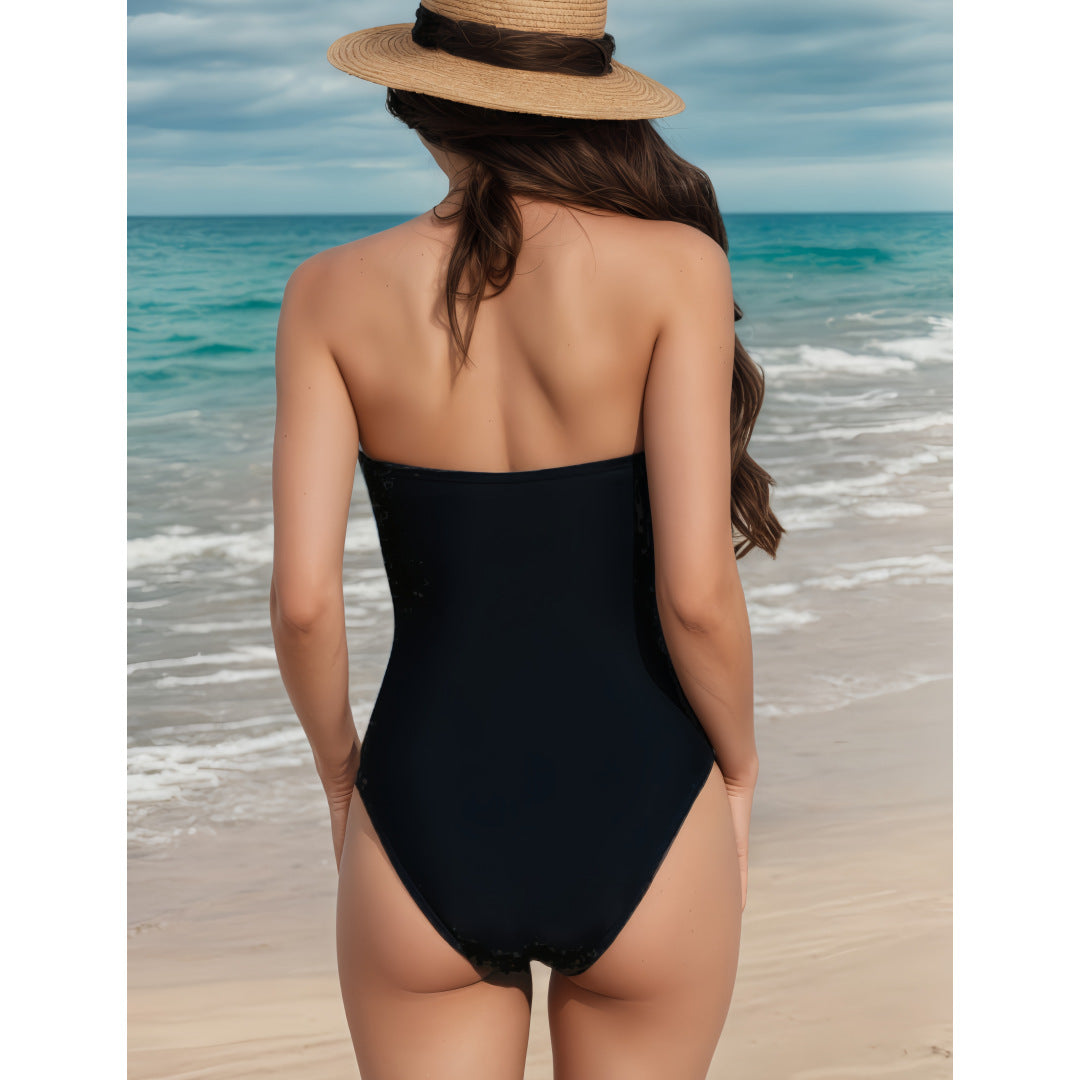 Solid Color Chest Push up Ring Bikini One Piece Swimsuit