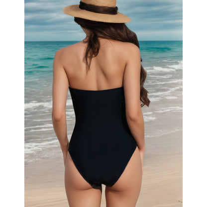 Solid Color Chest Push up Ring Bikini One Piece Swimsuit