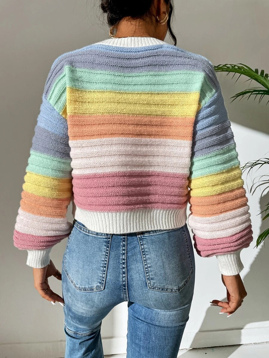 Autumn Winter Elegant Elegant Spliced Sweater Rainbow Striped Lantern Sleeve Knitted Pullover
