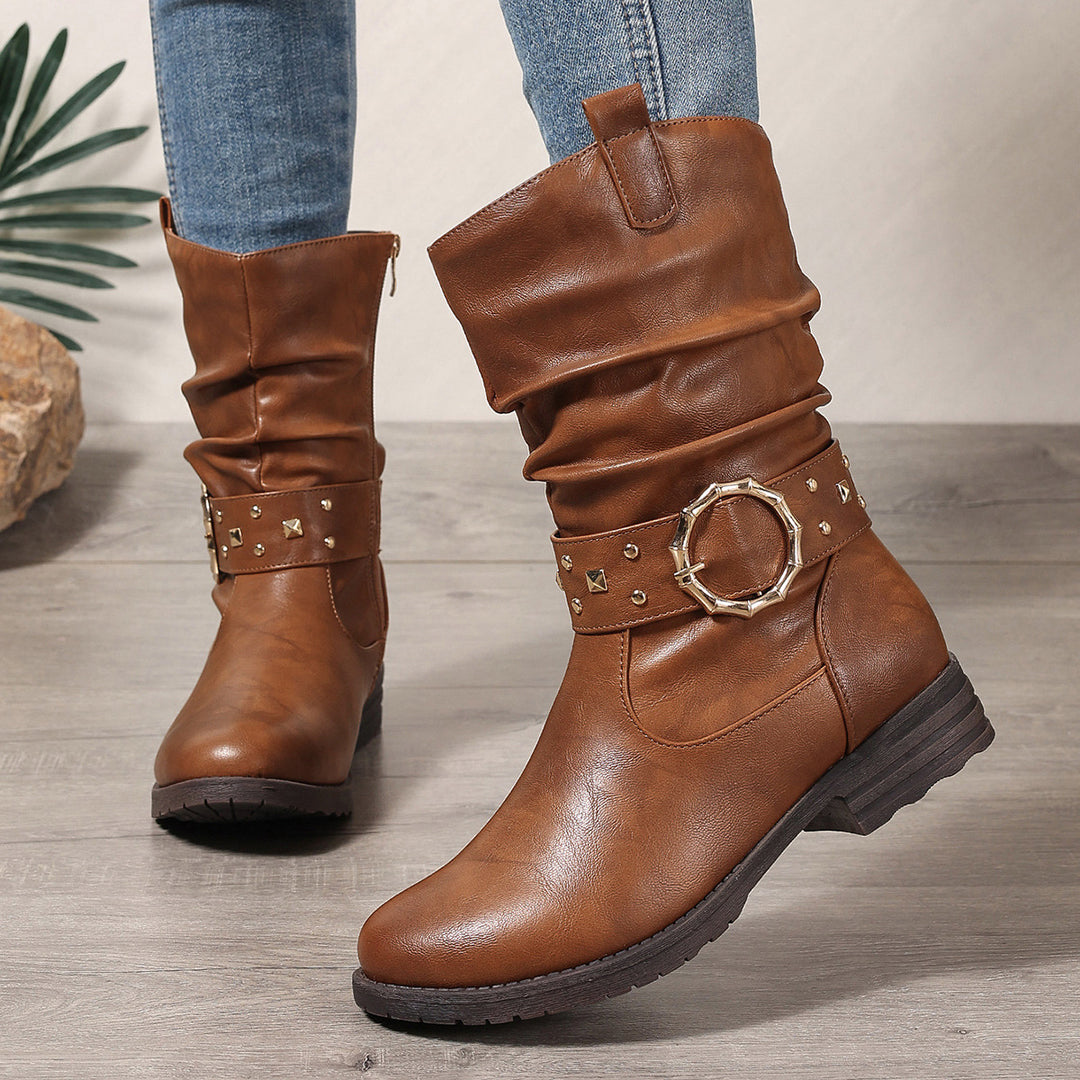 Western Denim Mid-Calf Boots for Women Chain Rivet Chunky Heel Knight Boots - GLAMWEARS