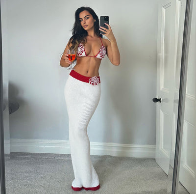 Women Clothing Autumn Sexy Knitted Crochet Halter Small Sling Contrast Color Slim Fit Skirt Two Piece Sets