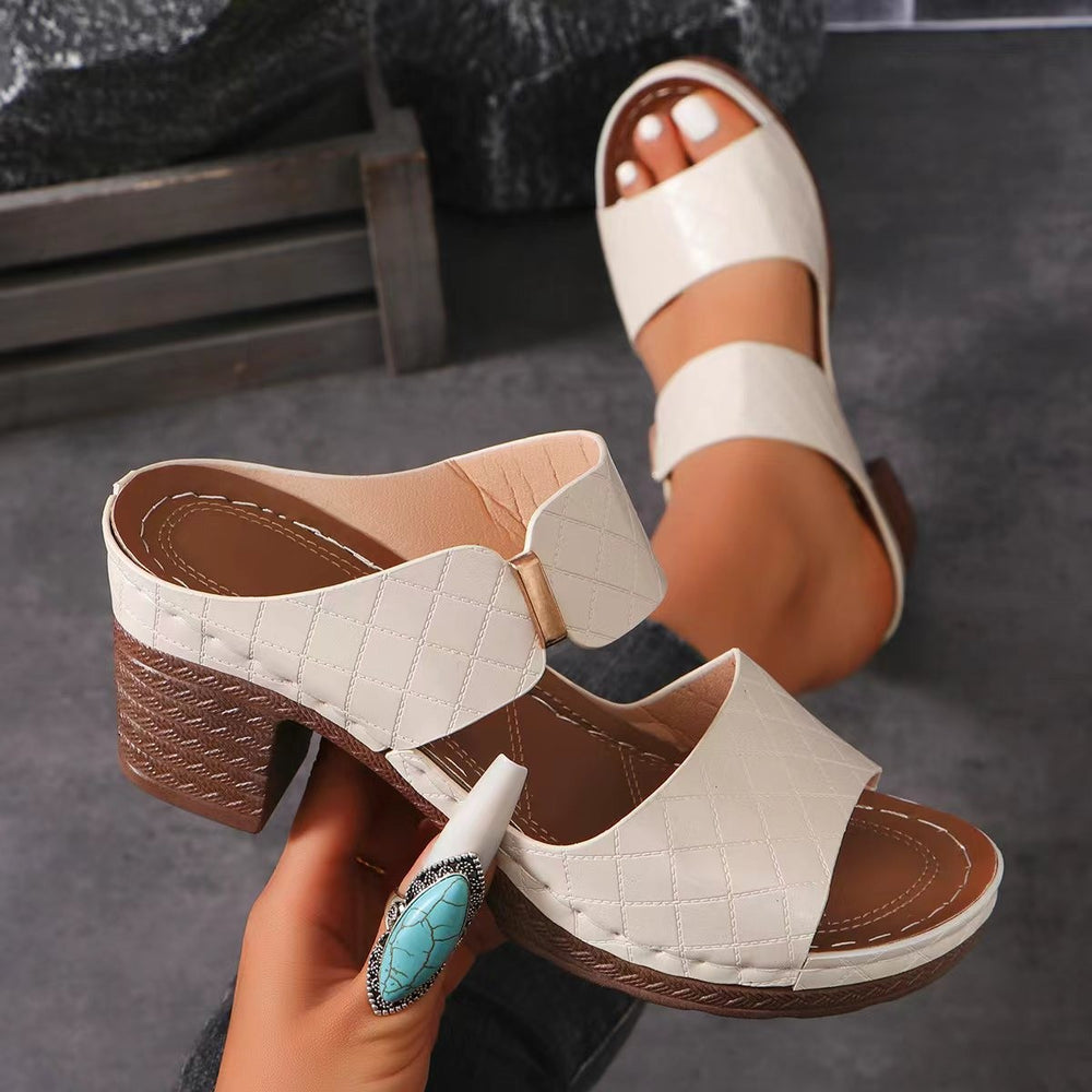 Arrival Summer Wedge One Word Strap Peep Toe Slippers Women Thick Heel Beach Sandals - GLAMWEARS
