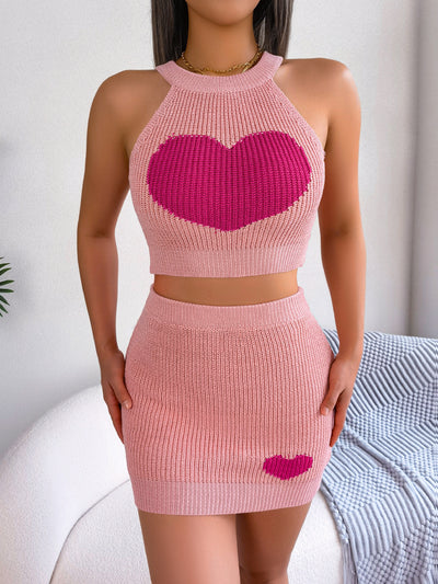 Spring Summer Casual Love Contrast Color Cropped Top Bag Hip Skirt Set Women Clothing