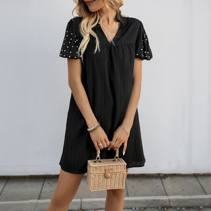 Loose Straight Dress Beaded Lantern Sleeve Simple Black Dress
