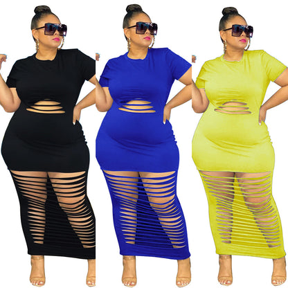 Plus Size Sexy Holes Solid Color Nightclub Dress