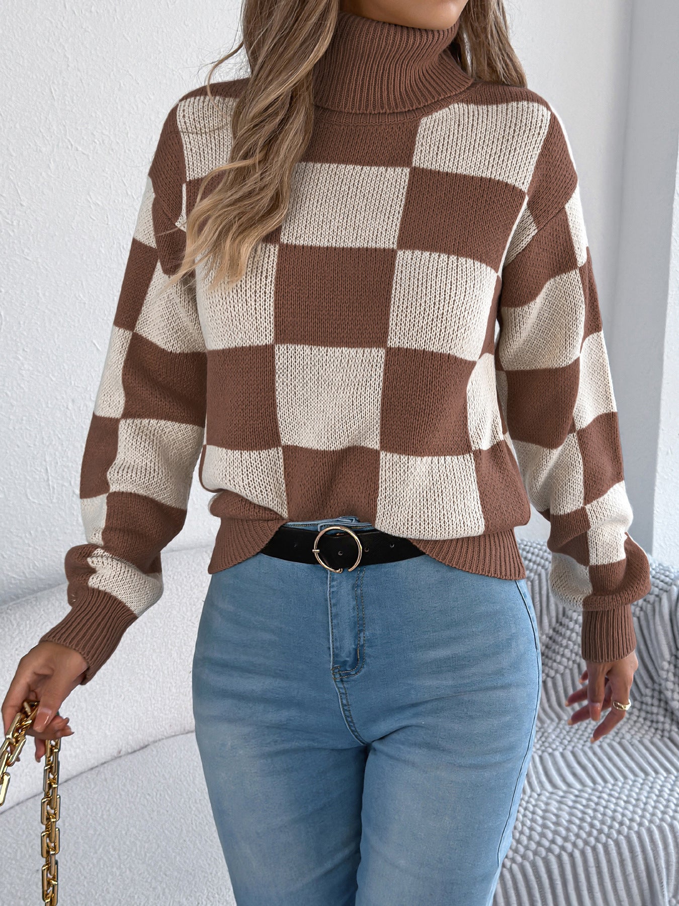 Autumn Winter Casual Turtleneck Color Contrast Check Lantern Long Sleeve Sweater Women Clothing