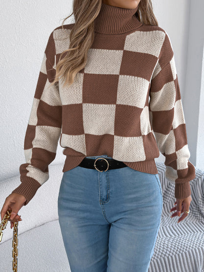 Autumn Winter Casual Turtleneck Color Contrast Check Lantern Long Sleeve Sweater Women Clothing