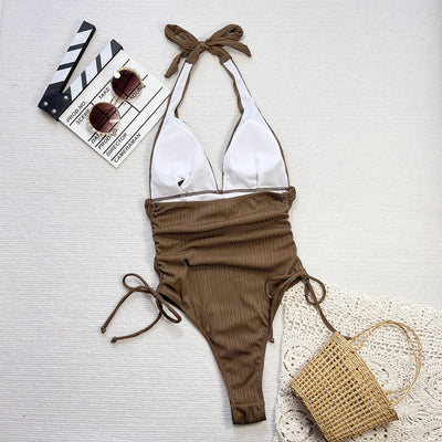 Bikini Deep V Plunge neck Hollow Out Cutout out Pleated One Piece Swimsuit