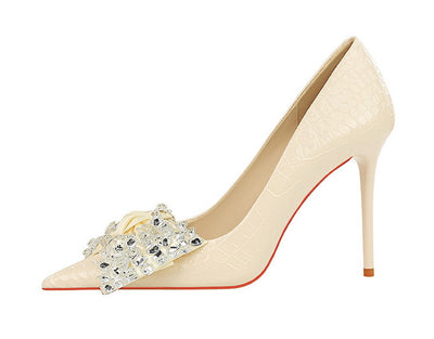 Korean Cocktail High Heels Stiletto Heel Shallow Mouth Pointed Toe Rhinestone Bow Pumps Women
