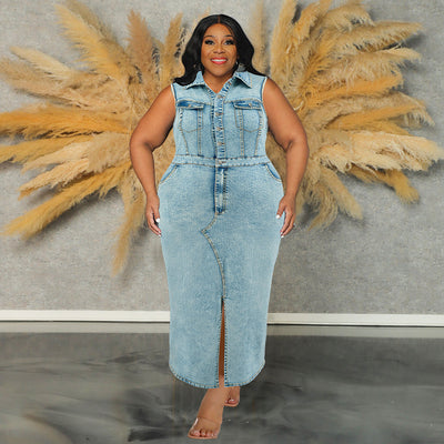 Plus Size Women Clothing Denim Sleeveless Split Collared Dress