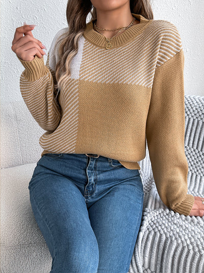 Autumn Winter Casual Color Contrast Check Long Sleeve Pullover Women Clothing