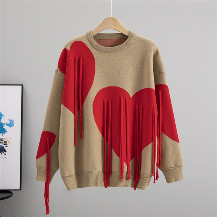 Love Tassel Autumn Winter Sweater Fashionable Knitted round Neck Stitching round Neck Pullover Top Knitting