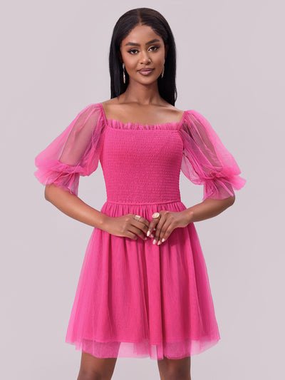 Women Clothing Dress off Neck Long Sleeve Dress Pleated Smocking Mesh Princess Dress