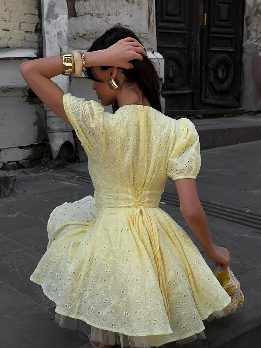 Pure Cotton Yellow Dress Summer Waist Trimming Lace up Sexy Embroidery Short Dress