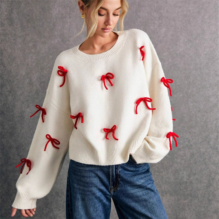 Red Bow Decoration Loose Crew Neck Pullover Sweater Autumn Top - GLAMWEARS