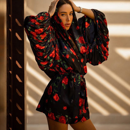 Spring Summer Russian Women Clothing Digital Printing Puff Sleeve Lace up Loose Casual Dress