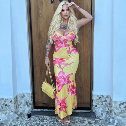 Women Clothing Summer Printed V neck Backless Suspenders Sexy Dress