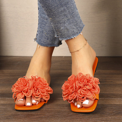 Floral Flat Square Toe Slippers for Women Outdoor Casual Lightweight Beach Slippers