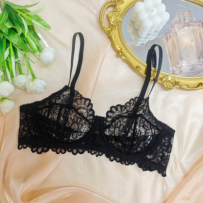 Suspender Underwear Sexy Lace Eyelash Lace Steel Ring without Chest Pad Breathable See through Bra