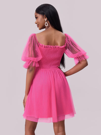 Women Clothing Dress off Neck Long Sleeve Dress Pleated Smocking Mesh Princess Dress