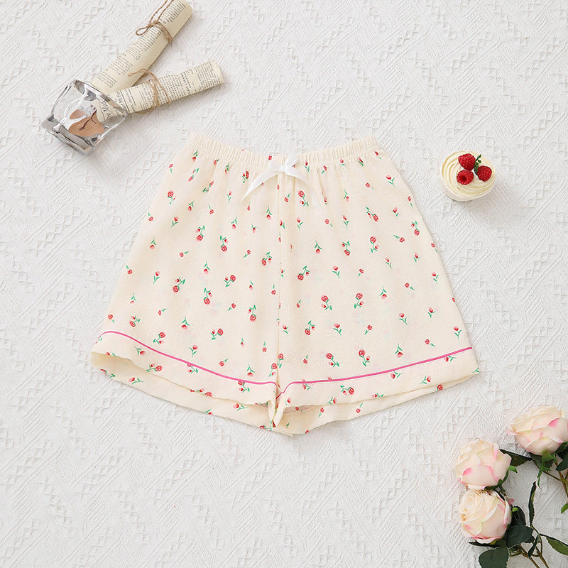 Summer Bubble Wrinkle Pink Floral Cute Cartoon Short Sleeve Shorts Women Thin Homewear Two Piece Sets