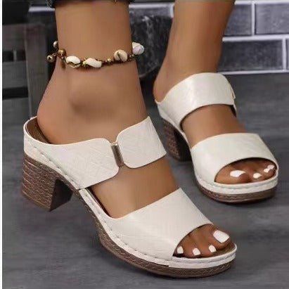 Open Toe High Heel Slippers Women Chunky Heel Embossed Sandals - GLAMWEARS