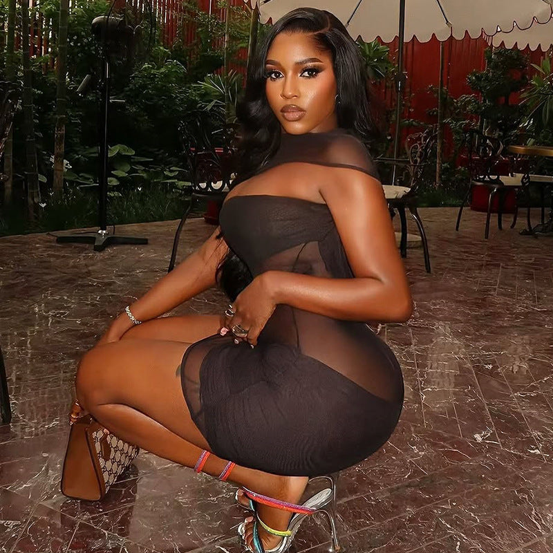 Personality Hipster Women Clothing Sexy See through Slim Hip Skirt Hollow Out Cutout High Collar Solid Color Short Dress