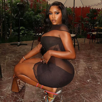 Personality Hipster Women Clothing Sexy See through Slim Hip Skirt Hollow Out Cutout High Collar Solid Color Short Dress