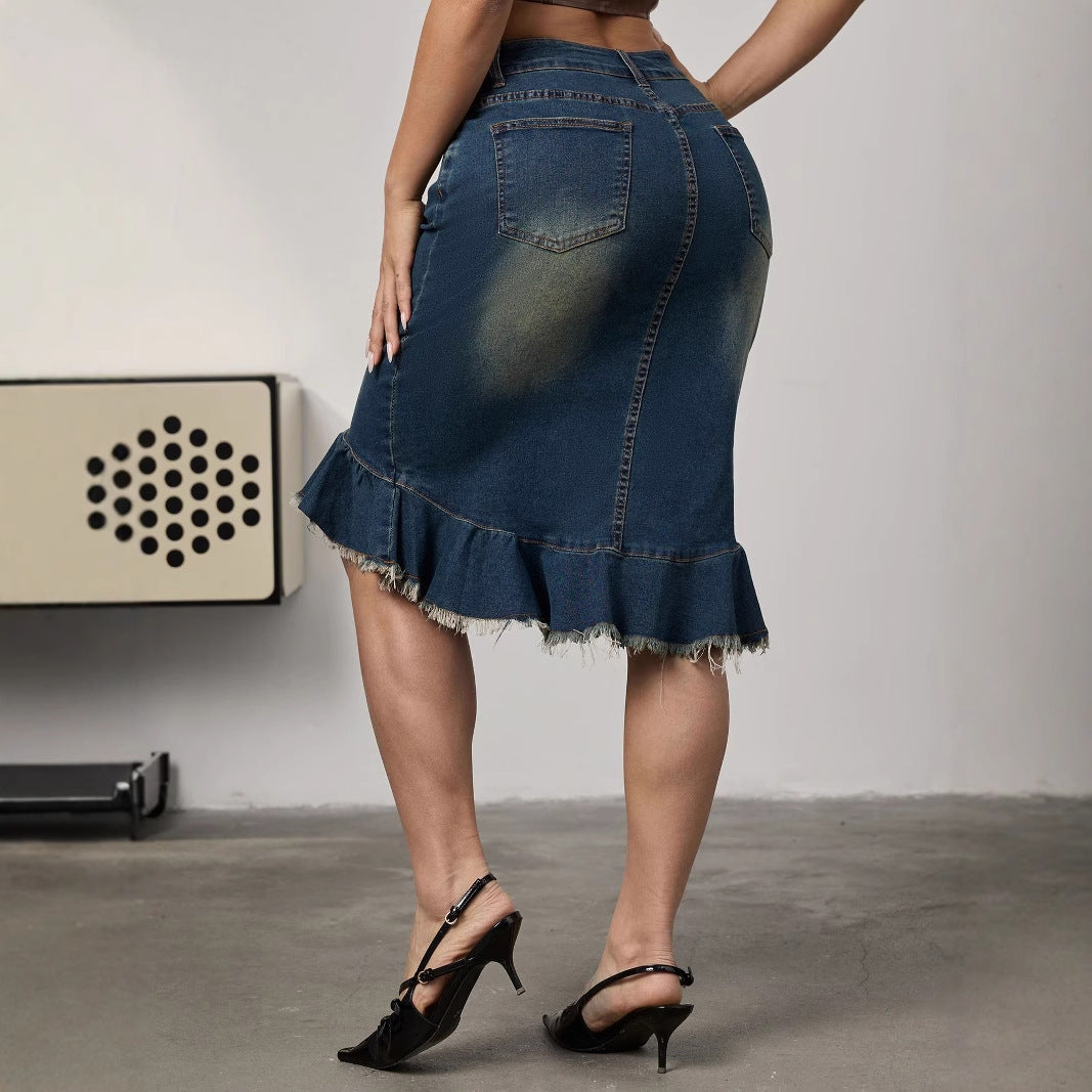 Sexy Women High Elastic Fishtail Skirt Slimming Sheath High Waist Retro Denim Skirt