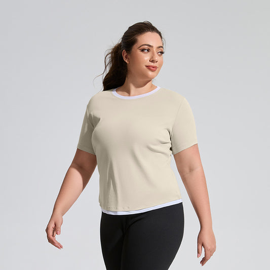Plus Size Sports Contrast Color Top Women round Neck Loose Workout Clothes Internet Celebrity Running Quick Drying Clothes Yoga Clothes T shirt Women