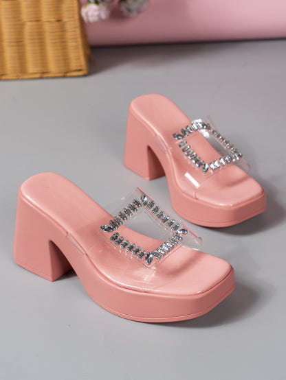 High Heel Square Toe Rhinestone Slippers Women Outer Wear Waterproof Platform Thick Bottom Slippers