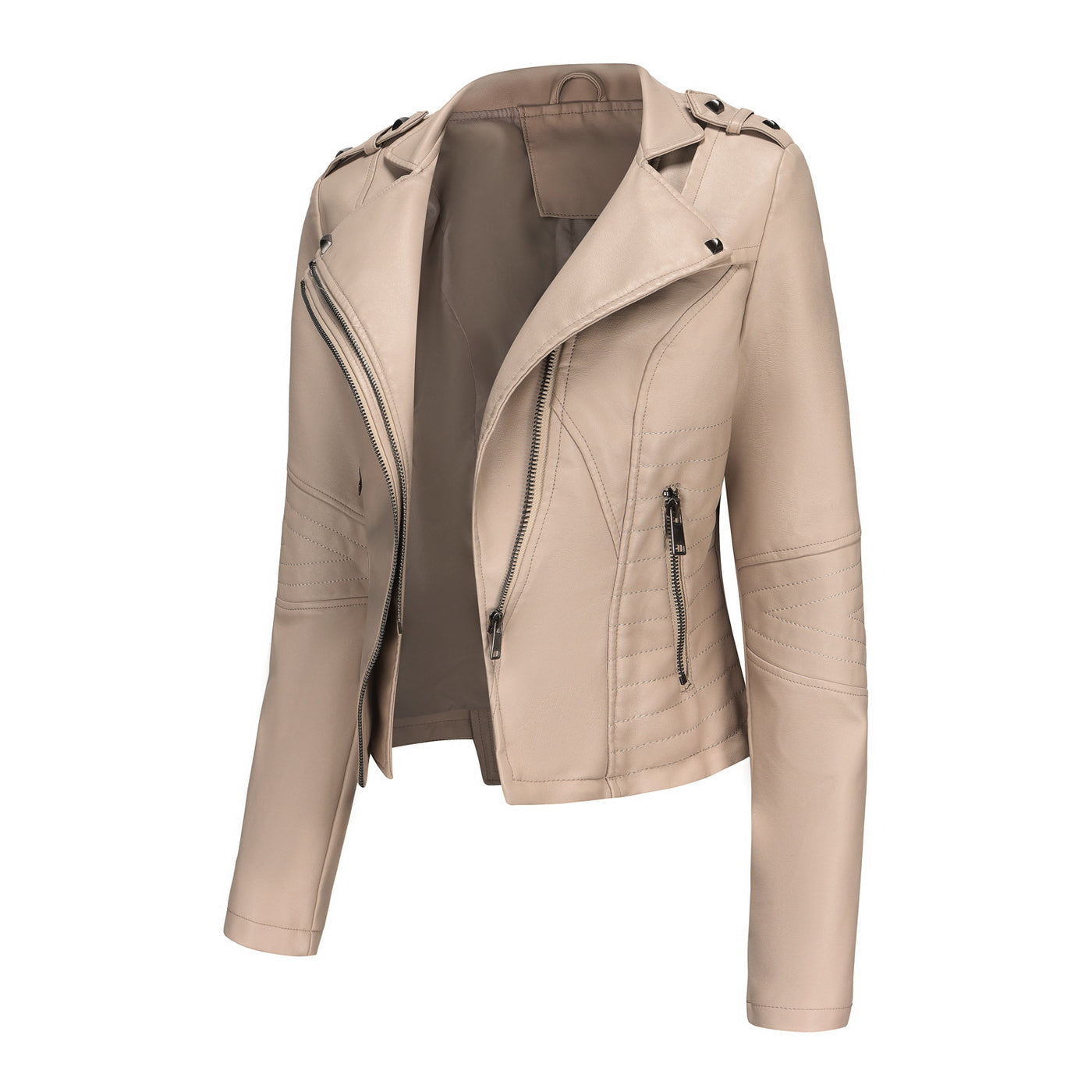 Slim Fit Long Sleeved Spring Autumn Leather Jacket Women Rivet Popular Short Jacket Zipper Leather Jacket
