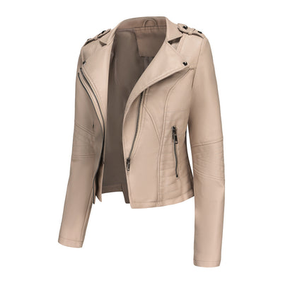 Slim Fit Long Sleeved Spring Autumn Leather Jacket Women Rivet Popular Short Jacket Zipper Leather Jacket
