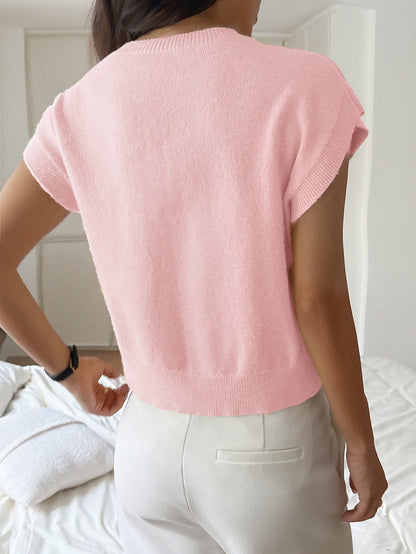 Women Clothing Autumn Winter Casual Vacation Deep V Plunge Neck Solid Color Sweater with Short Sleeves