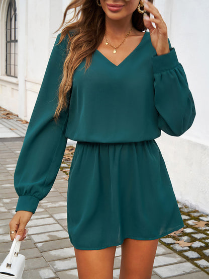 Autumn Winter Women Clothing Casual Solid Color Puff Sleeve Dress