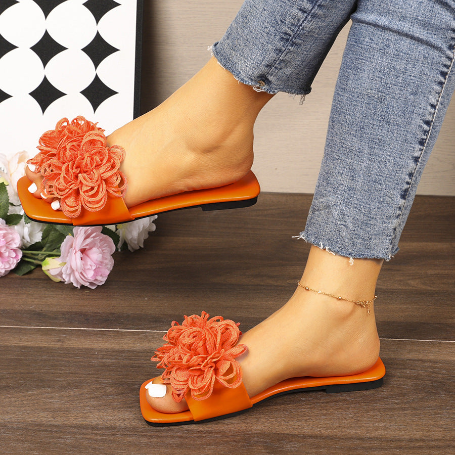 Floral Flat Square Toe Slippers for Women Outdoor Casual Lightweight Beach Slippers