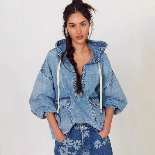 Autumn Loose Casual Washed Hooded Denim Long Sleeved Tops