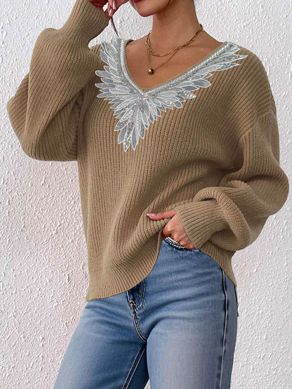 Lace Sequined Bow Tie V neck Patchwork Pullover Women Clothing Loose Lazy Long Sleeve Sweater