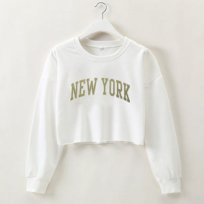 Women Clothing Autumn Winter York Letter Graphic Printing Short Loose Long Sleeves Sweatshirt